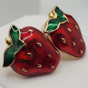 AVON Strawberry Enamel Earrings Gold-tone Stud Earrings